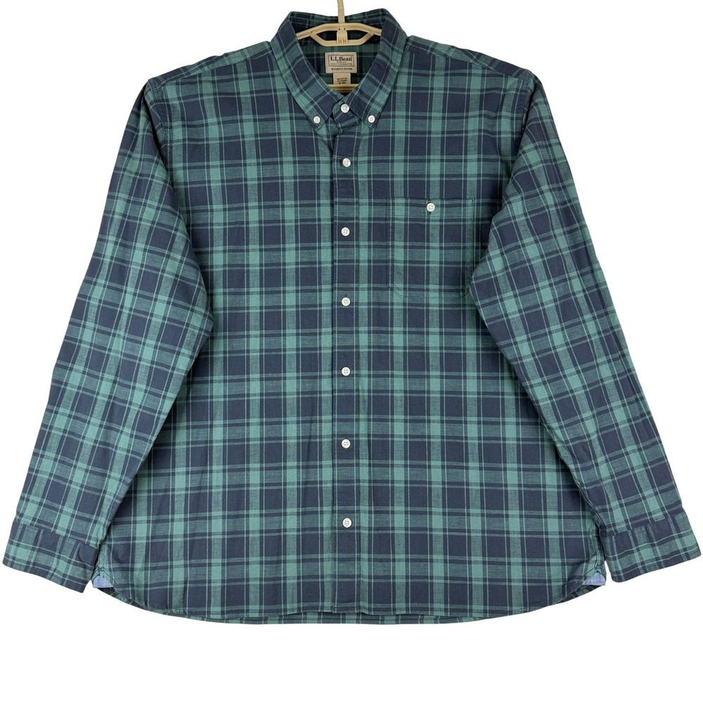 L.L.Bean Shirt Mens XL Blue Green Plaid Comfort Stretch Slightly Fitted